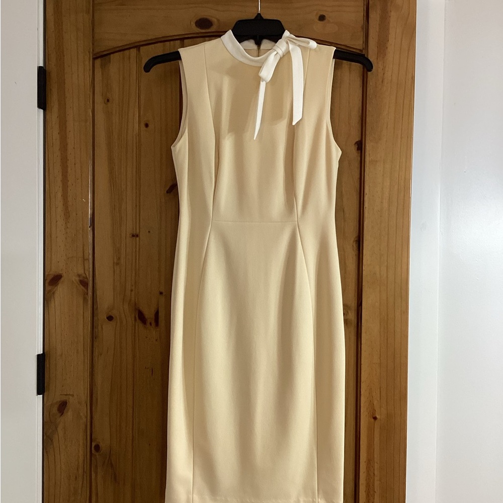Calvin Klein Cream Midi Sheath Dress with Bow Neck